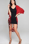 Model wearing red chiffon kimono with floral prints facing forward